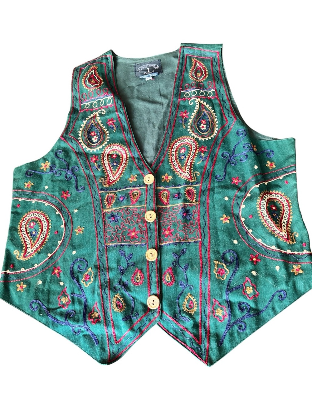 Vintage 90s Embroidered Green Paisley Women's Vest - Bohemian Button-Front